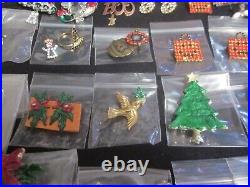 Vintage Enamel Rhinestone Christmas Tree Pin Brooch Earring Designer Jewelry Lot