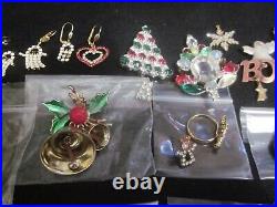 Vintage Enamel Rhinestone Christmas Tree Pin Brooch Earring Designer Jewelry Lot