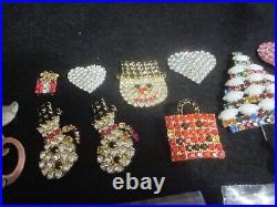 Vintage Enamel Rhinestone Christmas Tree Pin Brooch Earring Designer Jewelry Lot