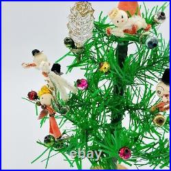 Vintage Fairyland Tinsel Christmas Tree With Glass & Cotton Ornaments IN BOX