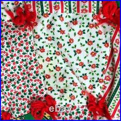 Vintage Farmhouse Christmas Tree Skirt Quilt Yarn Pull Red Green Ruffle Lace VTG