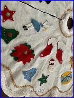 Vintage Felt Christmas Tree Skirt Handmade Santa Reindeer Mid Century Kitsch