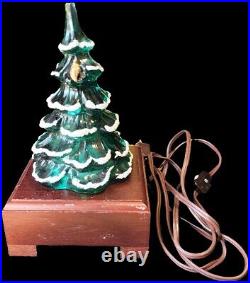 Vintage Fenton Art Glass Flocked Christmas Tree With Light Up Wood Base