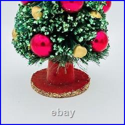 Vintage Flocked Bottle Brush Christmas Tree With Glass Ornaments Stamped JAPAN