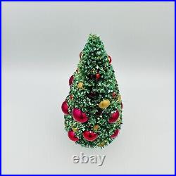 Vintage Flocked Bottle Brush Christmas Tree With Glass Ornaments Stamped JAPAN