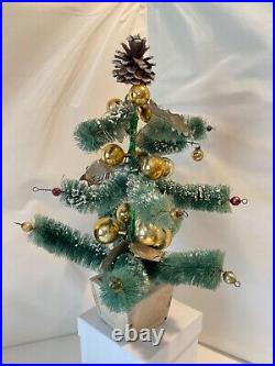 Vintage Flocked Bottle Brush Christmas Tree glass ornaments Mica Wood Base