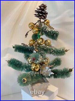 Vintage Flocked Bottle Brush Christmas Tree glass ornaments Mica Wood Base