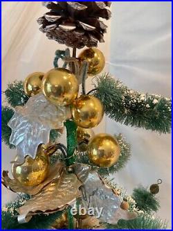 Vintage Flocked Bottle Brush Christmas Tree glass ornaments Mica Wood Base