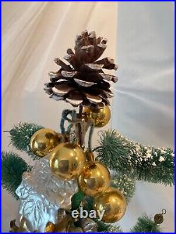 Vintage Flocked Bottle Brush Christmas Tree glass ornaments Mica Wood Base