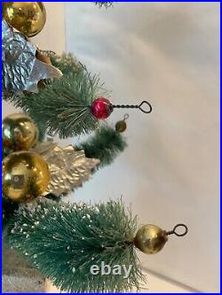 Vintage Flocked Bottle Brush Christmas Tree glass ornaments Mica Wood Base