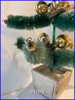 Vintage Flocked Bottle Brush Christmas Tree glass ornaments Mica Wood Base