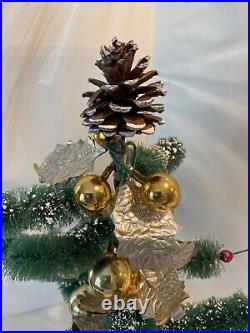 Vintage Flocked Bottle Brush Christmas Tree glass ornaments Mica Wood Base