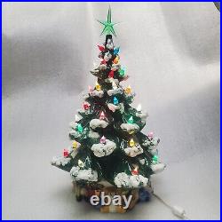Vintage Flocked CERAMIC CHRISTMAS TREE With Pinoccio Bear Present Base 16 inch
