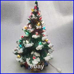 Vintage Flocked CERAMIC CHRISTMAS TREE With Pinoccio Bear Present Base 16 inch