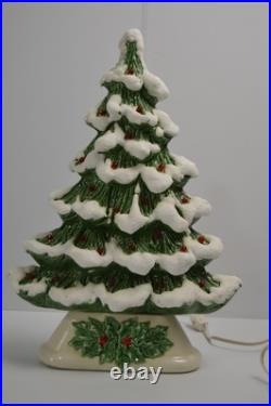 Vintage Flocked Ceramic Christmas Tree Slim Mantle Holly Red Green 16 Tall