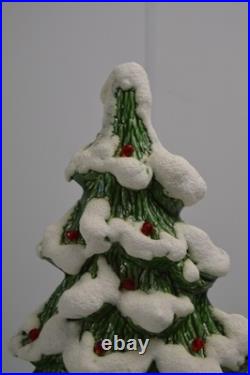 Vintage Flocked Ceramic Christmas Tree Slim Mantle Holly Red Green 16 Tall