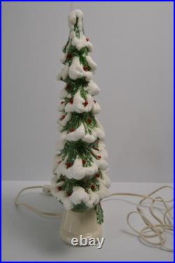 Vintage Flocked Ceramic Christmas Tree Slim Mantle Holly Red Green 16 Tall