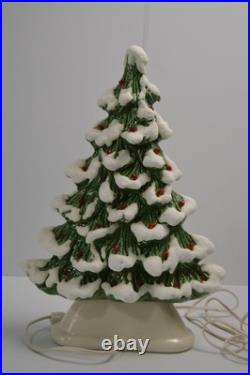Vintage Flocked Ceramic Christmas Tree Slim Mantle Holly Red Green 16 Tall