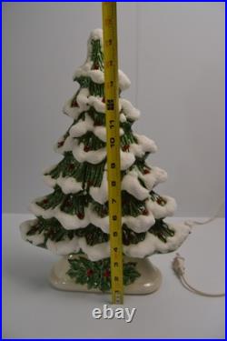 Vintage Flocked Ceramic Christmas Tree Slim Mantle Holly Red Green 16 Tall