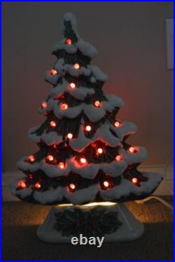 Vintage Flocked Ceramic Christmas Tree Slim Mantle Holly Red Green 16 Tall