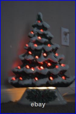 Vintage Flocked Ceramic Christmas Tree Slim Mantle Holly Red Green 16 Tall