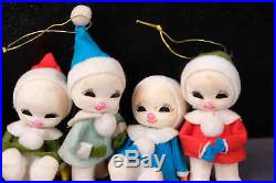 Vintage Flocked Christmas Tree Ornament Lot 50s Pixies Elf Elves Snowbaby Japan