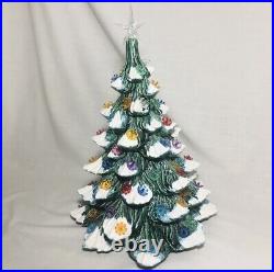 Vintage Flocked Snow Christmas Tree With Light Up Ornaments Ceramic 16