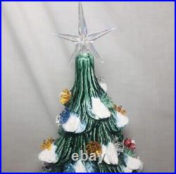 Vintage Flocked Snow Christmas Tree With Light Up Ornaments Ceramic 16
