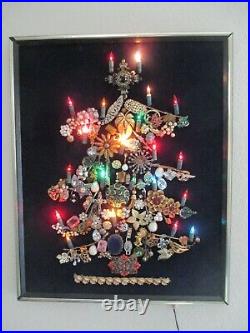 Vintage Framed Jewelry Christmas Tree Lights Blue Velvet Back (911)