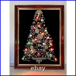 Vintage Framed Jewelry Christmas Tree Picture Art 18x 14 Handmade Lights Up READ