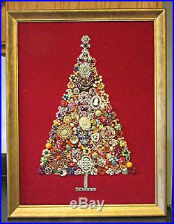 Vintage Framed RHINESTONE & other Jewelry Christmas Tree wall hanging