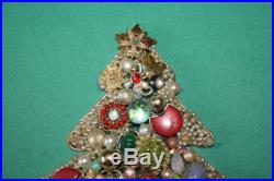 Vintage Framed Rhinestone Jewelry Art Christmas Tree Picture 1981 One of a Kind