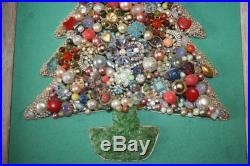 Vintage Framed Rhinestone Jewelry Art Christmas Tree Picture 1981 One of a Kind