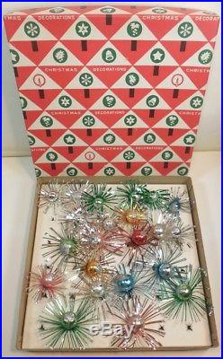 Vintage GLASS Christmas Tree STARBURST FLOWER POM POMS Ornaments in Box ATOMIC