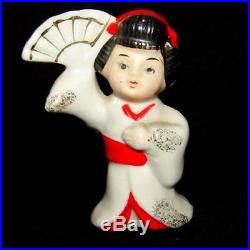 Vintage Geisha Girl Japan Christmas or Valentine Figurines w Bottle Brush Tree