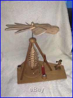 Vintage German Christmas Pyramid Candle Carousel Windmill Tree, Man & Deer