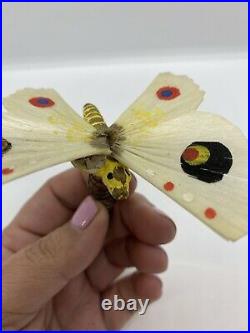 Vintage German Moth Butterfly Spun Glass Wings feather Tree Ornament