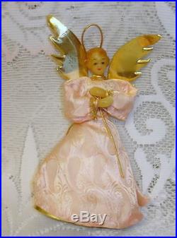 Vintage German Wax Angel Christmas Tree Topper Pink Silk with Gold Accents