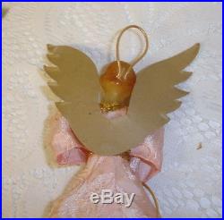 Vintage German Wax Angel Christmas Tree Topper Pink Silk with Gold Accents