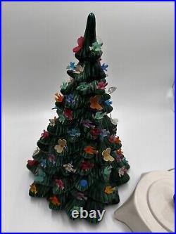 Vintage Glass Christmas Tree With Light Up Ornaments Ceramic Missing A Few 16