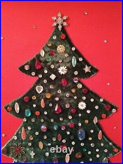 Vintage Gold Framed Jeweled Velvet Christmas Tree Picture Handmade 15.5 x 20.25