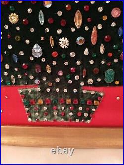 Vintage Gold Framed Jeweled Velvet Christmas Tree Picture Handmade 15.5 x 20.25