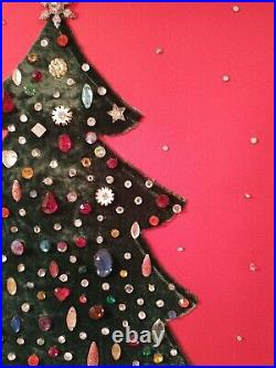 Vintage Gold Framed Jeweled Velvet Christmas Tree Picture Handmade 15.5 x 20.25