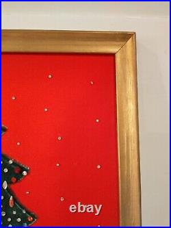 Vintage Gold Framed Jeweled Velvet Christmas Tree Picture Handmade 15.5 x 20.25