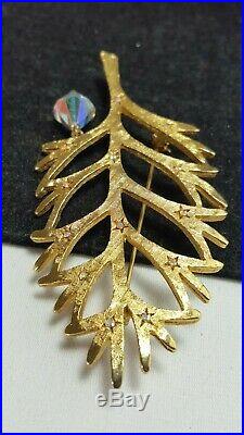 Vintage Gold Mylu Modernist Christmas Tree Partridge AB Crystal Brooch Pin Rare