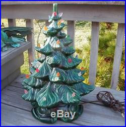 Vintage Green Ceramic 17 Lighted Christmas tree Red Star Multicolored Lights
