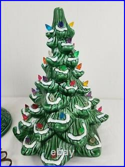 Vintage Green Ceramic Christmas Tree Lighted With White Snow Tips 16 Tall