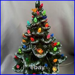 Vintage Green Ceramic Flocked Light Up Christmas Tree Lamp Decoration