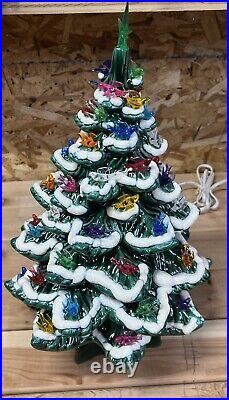 Vintage Green Ceramic Flocked Light Up Christmas Tree Lamp Decoration 15