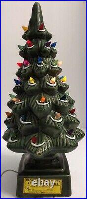 Vintage Green Ceramic Lighted Flocked Christmas Tree 17 1/4 Square Base